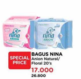 Promo Harga Bagus Nina Anion Pantyliner Natural Scent 15cm, Floral Scent 15cm 20 pcs - Watsons