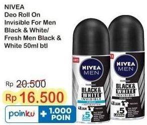 Promo Harga NIVEA MEN Deo Roll On Black White Invisible Fresh, Black White Invisible Original 50 ml - Indomaret