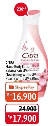 Promo Harga CITRA Hand & Body Lotion Nourishing White UV Avocado Honey, Pearly White UV Korean Pearl Mulberry, Sakura Fair UV Sakura Peach 230 ml - Alfamidi