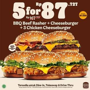 Promo Harga  BURGER KING 5 for Rp87.727.   - Burger King