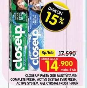 Promo Harga Close Up Pasta Gigi Complete Fresh Protec, Everfresh Menthol Fresh, Everfresh Icy White Winter Blast 160 gr - Superindo