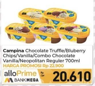 Promo Harga Campina Ice Cream Chocolate Truffle, Blueberry Choco Chunk, Vanilla, Chocolate Vanilla Choco Chunk, Neapolitan 700 ml - Carrefour