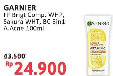 Promo Harga Garnier Facial Cleanser Bright Complete Vitamin C Super Whip Foam, Sakura White Pinkish Glow Whip Foam, Pure Active Anti-Acne Scrub 100 ml - Alfamidi