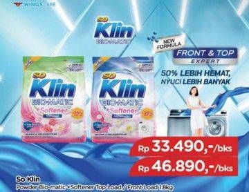 Promo Harga So Klin Biomatic Powder Detergent +Softener Front Load 1800 gr - TIP TOP