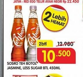 Promo Harga SOSRO Teh Botol Jasmine, Less Sugar per 2 botol 450 ml - Superindo