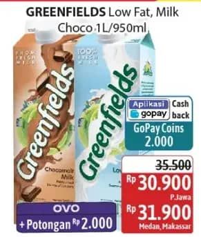 Promo Harga Greenfields UHT Kecuali Low Fat, Kecuali Chocolate 1000 ml - Alfamidi