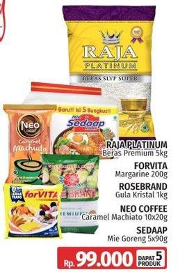 Raja Platinum Beras Premium 5kg, Forvita Margarine 200g, Rosebrand Gula Kristal, Neo Coffee Caramel Machiato 10x20g, Sedaap Mie Goreng 5x90g