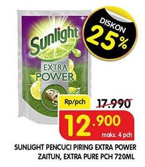 Promo Harga SUNLIGHT Pencuci Piring Extra Power With Biji Zaitun, Extra Pure With Aloe Vera 720 ml - Superindo