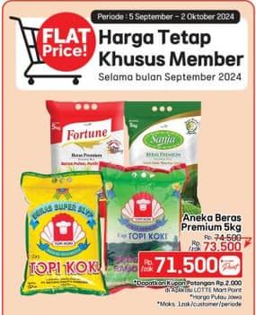 Aneka Beras  Diskon 1%, Harga Promo Rp73.500, Harga Normal Rp74.500, LotteMart Point Rp. 71.500
Maks 1 Sak/Customer/Periode, Khusus Member