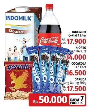 Promo Harga Indomilk Susu UHT + 4 Oreo Vanilla + Coca Cola + Garuda Kacang Garing  - LotteMart
