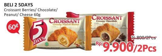 Promo Harga 5 DAYS Croissant Creamy Cheese, Creamy Chocolate, Creamy Peanut Butter, Sweet Mixed Berries 60 gr - Alfamidi