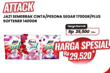 Promo Harga Attack Jaz1 Detergent Powder Semerbak Cinta, Pesona Segar, +Softener Rose Berry 1400 gr - Carrefour