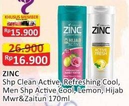 Promo Harga ZINC Shampoo Clean Active, Refreshing Cool, Men Shampoo Active Cool, Lemon, Hijab Mawar & Zaitun 170ml  - Alfamart