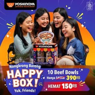 Promo Yoshinoya 10 Beef Bowls cuma 390RB aja (dari 540RB lho)!  Hemat 150RB buat makan kenyang bareng sepuasnya! Cocok banget buat ngobrol panjang dan ketawa sama temen sampai malem.