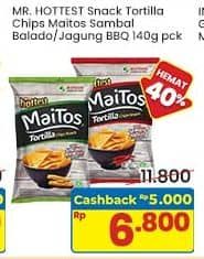 Promo Harga Mr Hottest Maitos Tortilla Chips Sambal Balado, Jagung BBQ, BBQ Fiesta 140 gr - Indomaret