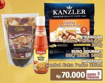 KANZLER Cheese Frankfurter 360g, EURO GOURMET BBQ Sauce 500g. INDOFOOD Sambal Extra Pedas 335ml