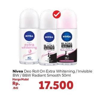 Promo Harga NIVEA Deo Roll On Extra Whitening, Black White Invisible Radiant Smooth 50 ml - Carrefour