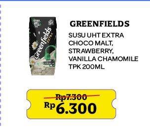 Promo Harga Greenfields UHT Extra Milk Chocomalt, Strawberry Rose Milk, Vanilla Chamomile 200 ml - Indomaret