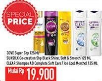 Promo Harga DOVE Super Shampoo / SUNSILK Black Shine/Soft & Smooth / CLEAR Complete Soft Care, Ice Cool Menthol 125ml  - Hypermart