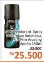 Promo Harga AXE Deo Spray Harumkan Indonesia, Anarchy For Him, Apollo 150 ml - Alfamidi
