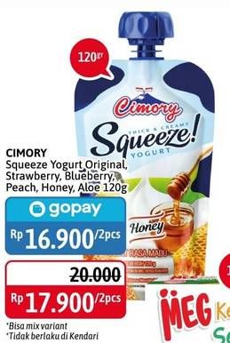 Promo Harga CIMORY Squeeze Yogurt Aloe Vera, Honey, Original, Peach, Strawberry 120 gr - Alfamidi