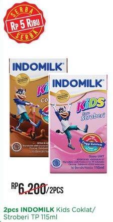 Promo Harga INDOMILK Susu UHT Kids Cokelat, Stroberi per 2 pcs 115 ml - Alfamart