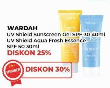 Promo Harga Wardah UV Shield Essential Sunscreen Gel SPF 30 PA+++, Aqua Fresh Essence SPF 50 30 ml - Yogya