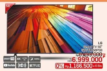 LG 50UR8050PSB  Diskon 14%, Harga Promo Rp6.999.000, Harga Normal Rp8.199.000, Cicilan Rp1.166.500 x 6 Bulan, 0%

Spesifikasi :
- Smart TV
- Youtube
- 4K  Ultra HD
- Wi Fi
- Digital 
- Netflix