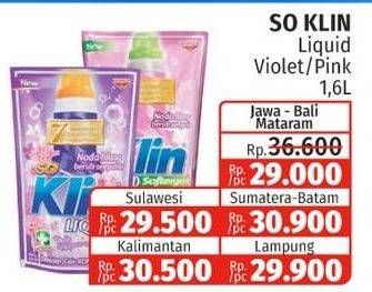 Promo Harga SO KLIN Liquid Detergent + Anti Bacterial Violet Blossom, + Softergent Pink 1600 ml - Lotte Grosir