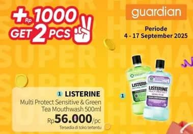 Promo Harga Listerine Mouthwash Antiseptic Multi Protect Sensitive, Natural Green Tea 500 ml - Guardian