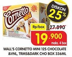 Promo Harga WALLS Cornetto Mini Chocolate Vanilla, Tiramisu Dark Chocolate per 12 pcs 336 ml - Superindo