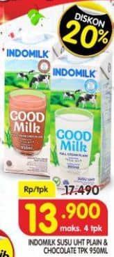 Promo Harga Indomilk Susu UHT Full Cream Plain, Cokelat 950 ml - Superindo