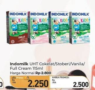 Promo Harga Indomilk Susu UHT Kids Cokelat, Stroberi, Vanila, Full Cream 115 ml - Carrefour