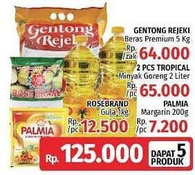 Promo Harga GENTONG REJEKI Beras 5 kg + 2 pcs TROPICAL Minyak Goreng + ROSE BRAND Gula Pasir 1 kg + PALMIA Margarin 200 g  - LotteMart