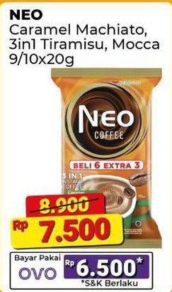 Promo Harga Neo Coffee 3 in 1 Instant Coffee Caramel Machiato, Moccachino, Tiramissu per 10 pcs 20 gr - Alfamart