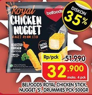 Promo Harga BELFOODS Royal Nugget Chicken Nugget Stick, Chicken Nugget S, Chicken Nugget Drummies 500 gr - Superindo