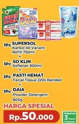 Supersol Karbol + So Klin Softener + Pasti Hemat Facial Tissue + Daia Detergent