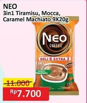 Promo Harga Neo Coffee 3 in 1 Instant Coffee Tiramissu, Moccachino, Caramel Machiato per 9 pcs 20 gr - Alfamart