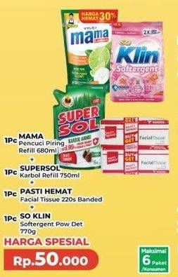 Mama Lemon/Lime + Super Sol Karbon + Pasti Hemat Facial Tissue + So Klin Softergent