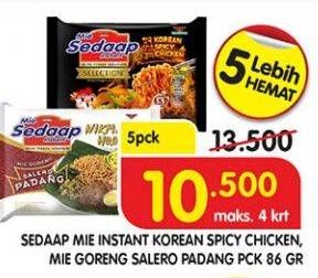 Promo Harga SEDAAP Mie Instant Korean Spicy Chicken, Mie Goreng Salero Padang 86 g  - Superindo