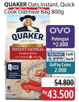 Promo Harga Quaker Oatmeal Instant, Quick Cooking 800 gr - Alfamidi