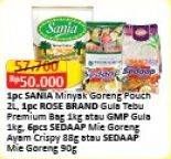 Promo Harga Paket Hemat (Sania Minyak Goreng + Rose Brand Gula + 6pcs Sedaap Mie Goreng)  - Alfamart