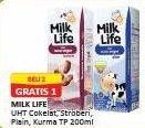 Promo Harga Milk Life UHT Stroberi, Plain, Kurma, Cokelat 200 ml - Alfamart