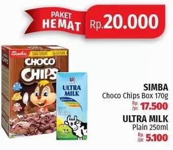 Promo Harga SIMBA Choco Chips 170gr + ULTRA MILK Susu UHT Plain 250ml  - Lotte Grosir