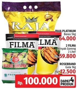 Promo Harga Raja Platinum Beras 5kg + 2 Filma Minyak Goreng + Rose Brand Gula  - LotteMart