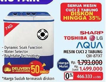 Promo Harga AQUA AQW-871XT | Mesin Cuci Twin Tube 8kg  - LotteMart