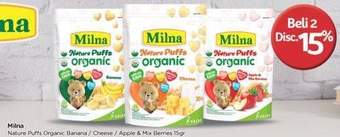 Promo Harga MILNA Nature Puffs Organic Banana, Cheese, Apple Mix Berries 15 gr - TIP TOP