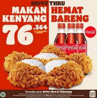 Promo Harga BURGER KING Nasi Ayam Cola 5 Potong Ayam, 3 Nasi Dan 3 Coca Cola  - Burger King