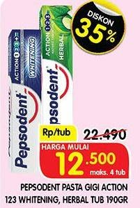 Promo Harga PEPSODENT Pasta Gigi Action 123 Whitening, Herbal 190 gr - Superindo