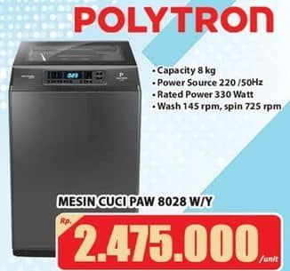 Promo Harga Polytron PAW 8028 Mesin Cuci 1 Tabung 8kg  - Hari Hari